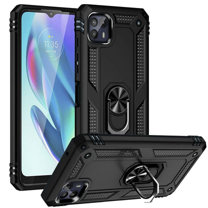 Shockproof protective phone case with rotating holder, matte black, front and back view