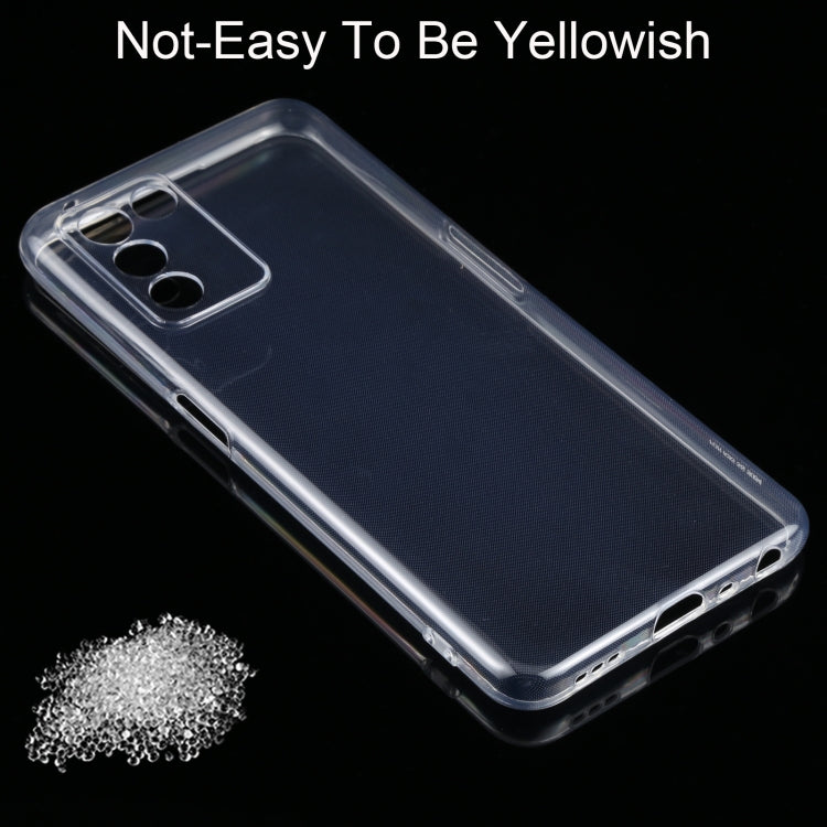 Clear TPU phone case tilted side view with port openings and camera cutout