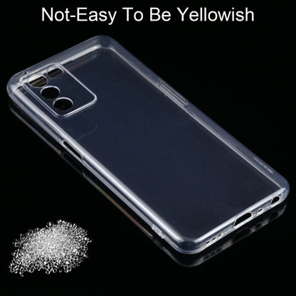 Clear TPU phone case tilted side view with port openings and camera cutout