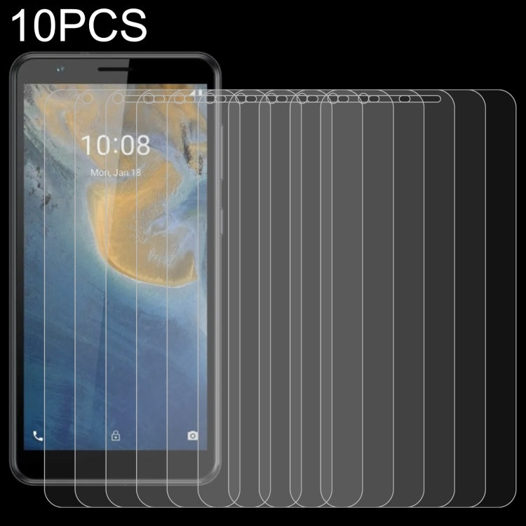 10-pack 2.5D tempered glass screen protectors for smartphone, front view with film overlays