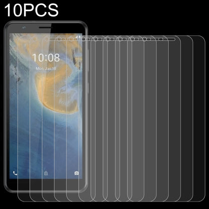 10-pack 2.5D tempered glass screen protectors for smartphone, front view with film overlays