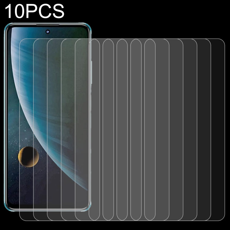 10-pack 2.5D tempered glass screen protectors, phone front with protector pieces beside it