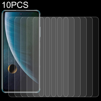 10-pack 2.5D tempered glass screen protectors, phone front with protector pieces beside it