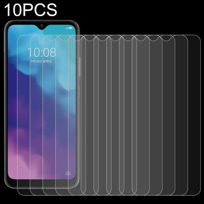 10-pack 2.5D tempered glass screen protector set, phone front with protectors shown