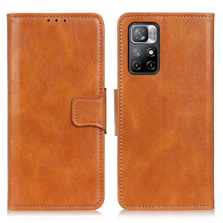 Brown crazy-horse leather flip phone case with front cutout and card slot panel