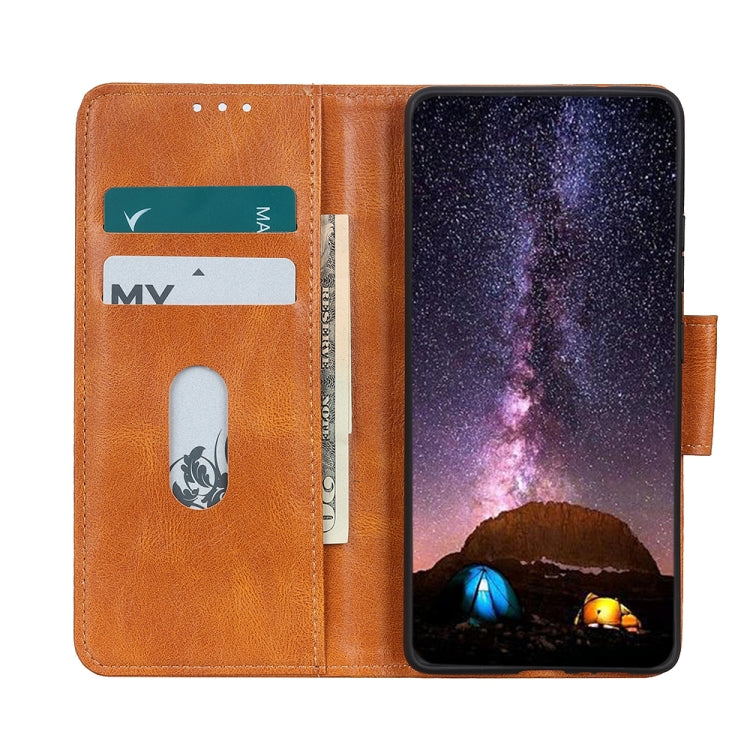 Brown crazy-horse leather wallet phone case with flip cover open, card slots visible