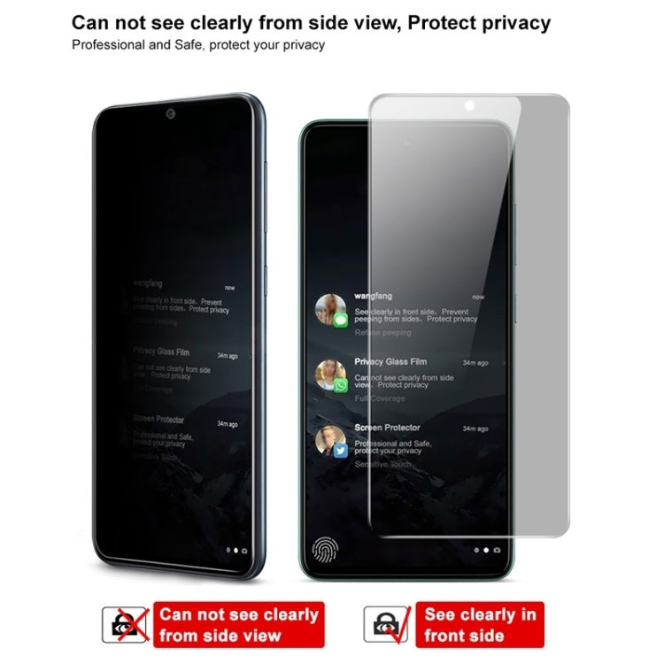 Privacy screen protector film for a curved smartphone, shows clear front and dark side view