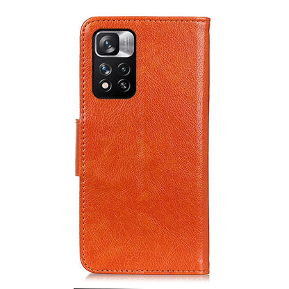 Orange leather phone case with camera cutout and stitched flip cover