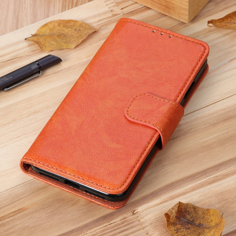 Orange leather flip phone wallet case with card holder and stitched flap