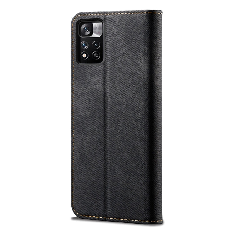 Denim-texture flip phone case with card slots, black back view with camera cutouts