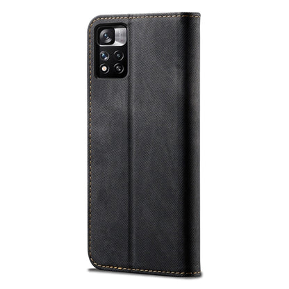 Denim-texture flip phone case with card slots, black back view with camera cutouts