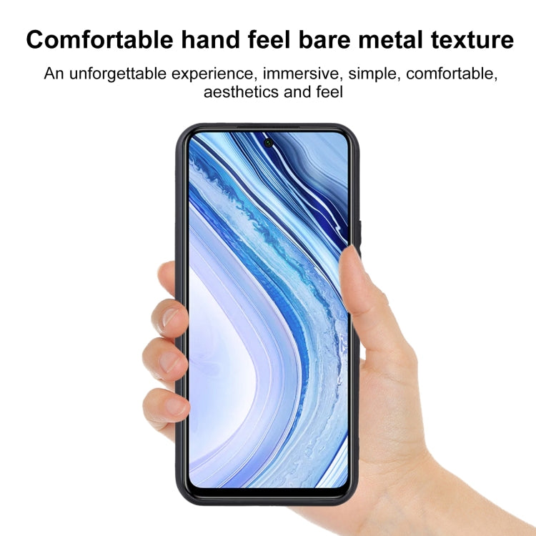 TPU phone case for Xiaomi Redmi Note 9 Pro Max, black, held on hand over blue phone