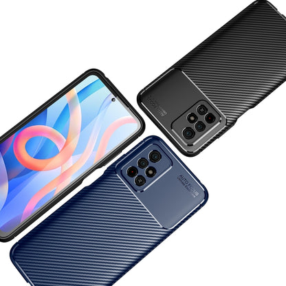Black carbon-fiber texture TPU phone case showing front and back device fit