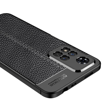 Black litchi-texture phone case detail view, raised camera module and cutouts