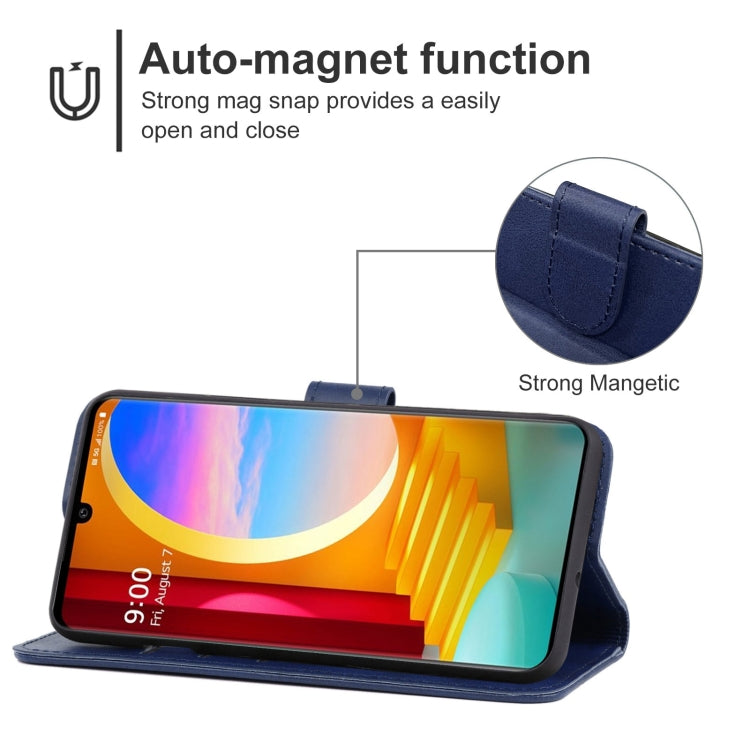 Blue leather folio phone case with stand angle and magnetic flap closure