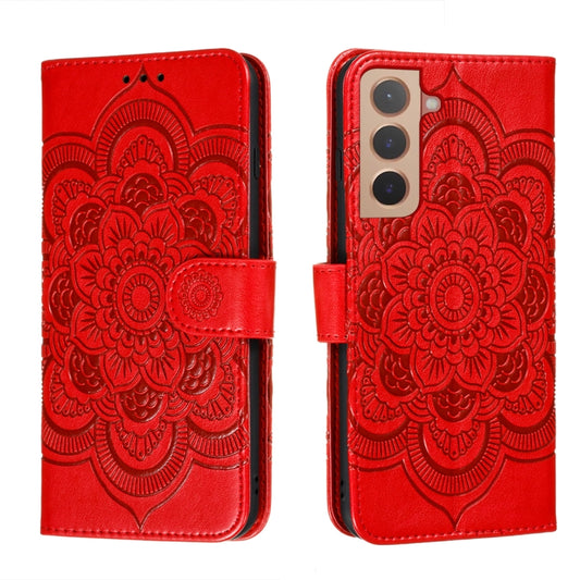 Red embossed mandala phone leather case with magnetic strap and card slots