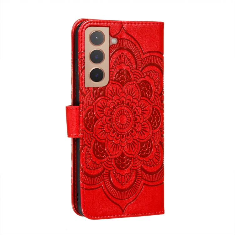 Red embossed mandala leather phone case with magnetic closure and card slots