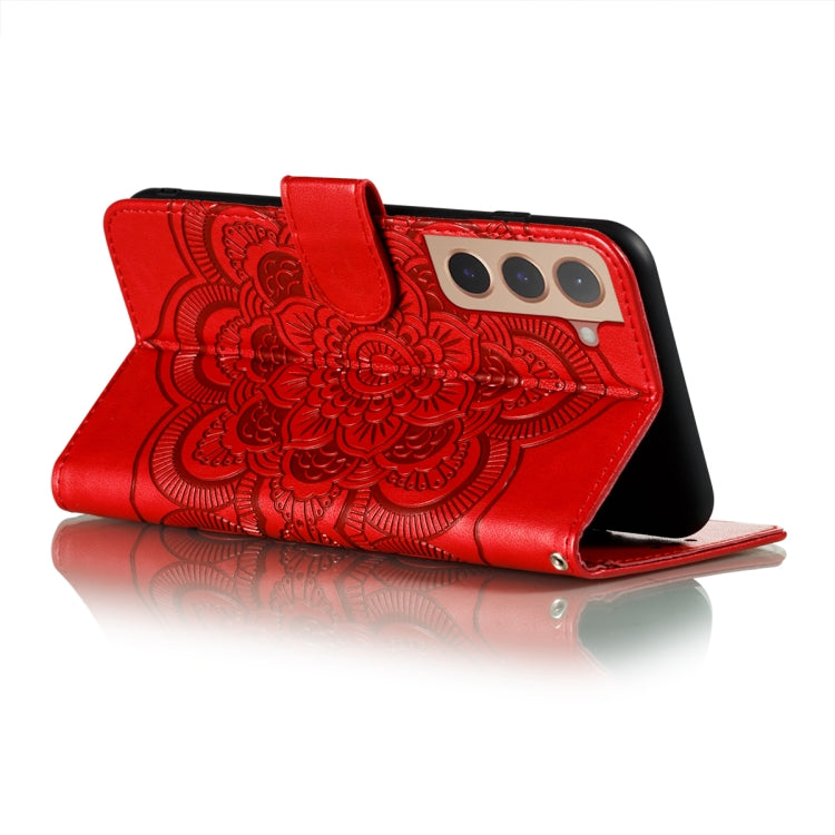 Red embossed mandala folio phone case with fold cover and magnetic strap closure