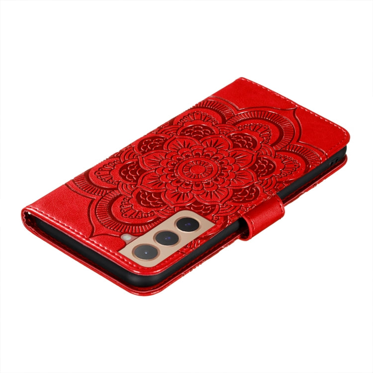 Red embossed mandala phone case with secure flip cover and visible card holder