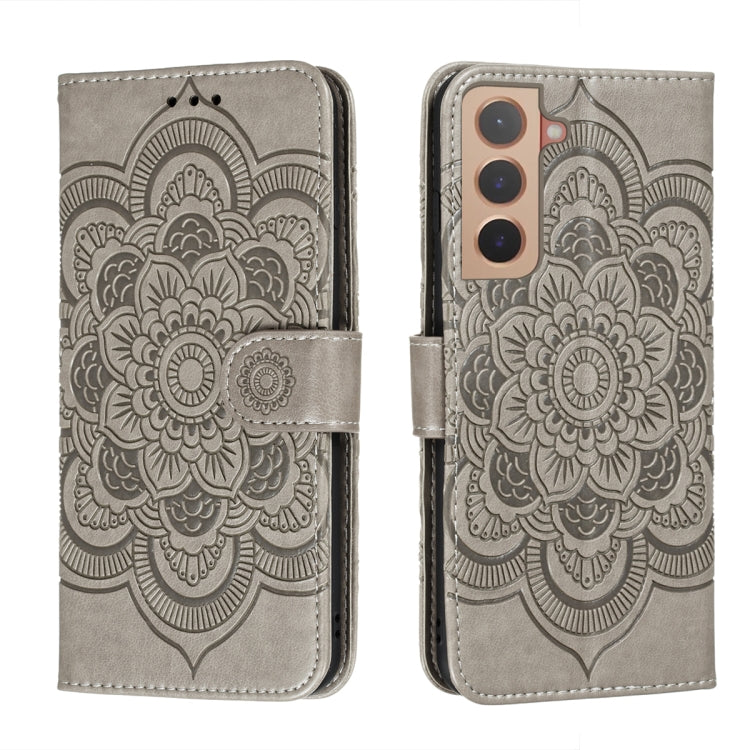 Grey embossed mandala phone wallet case with folio flap and magnetic strap