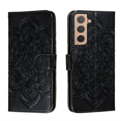 Black embossed mandala phone wallet case with folio flap and magnetic strap