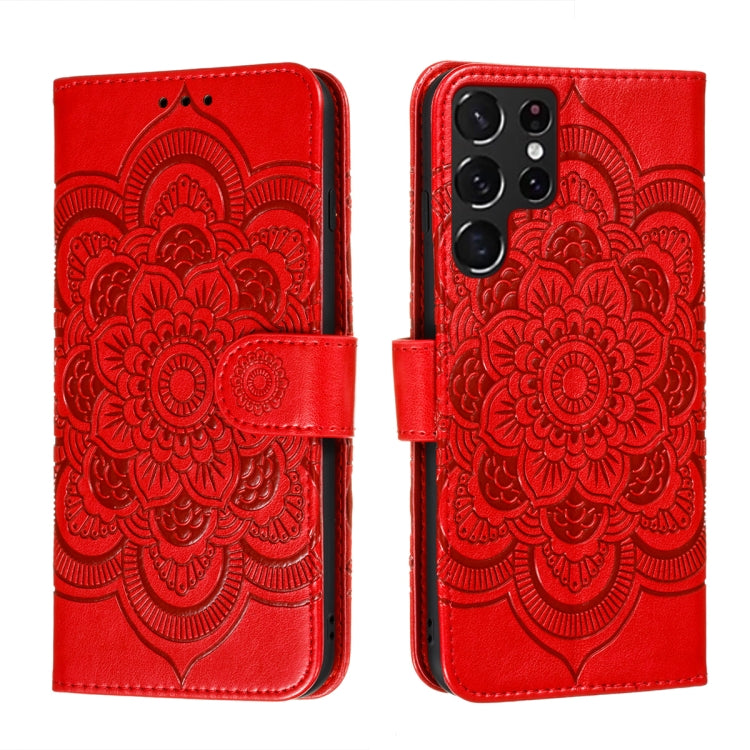 Red embossed mandala phone leather case with magnetic strap and card slots