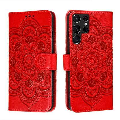 Red embossed mandala phone leather case with magnetic strap and card slots