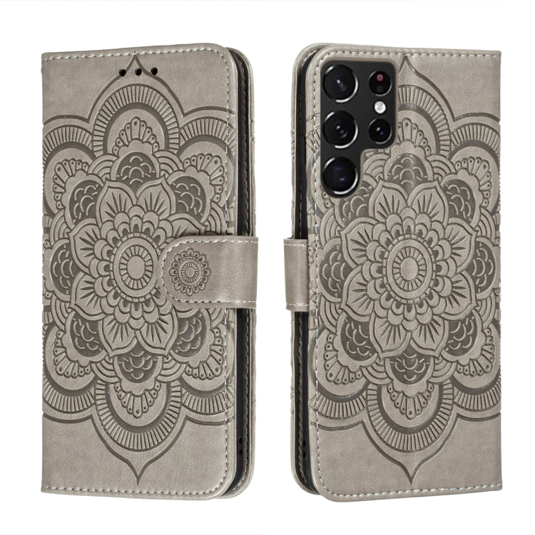 Grey embossed mandala phone wallet case with magnetic strap and camera cutout