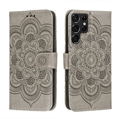 Grey embossed mandala phone wallet case with magnetic strap and camera cutout
