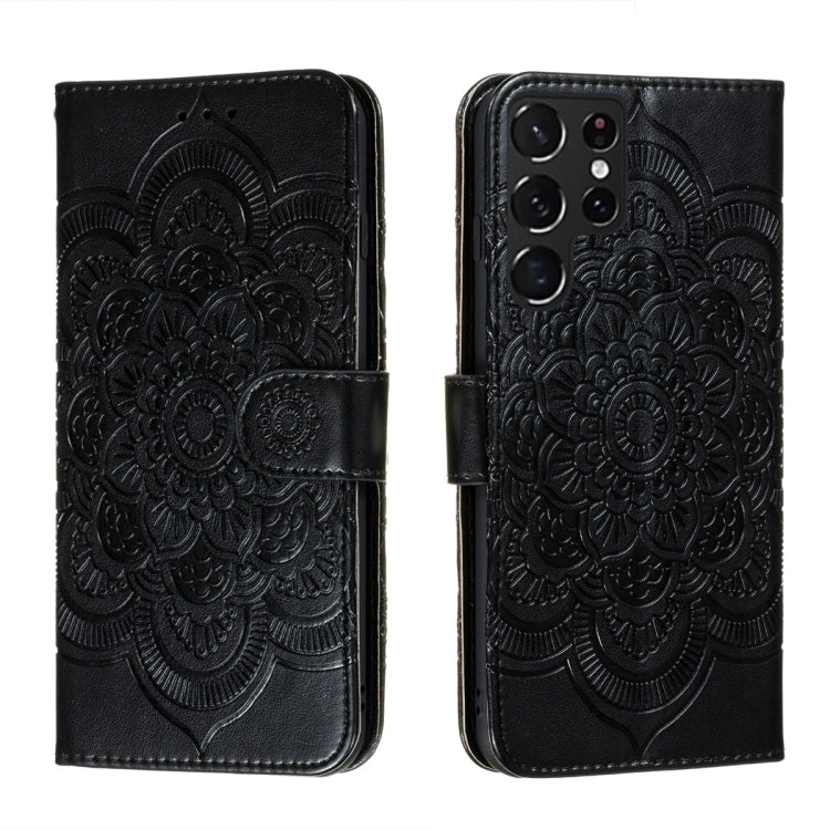 Black embossed mandala phone wallet case with camera cutout and side opening