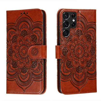 Brown embossed mandala phone leather wallet case with card slots and flip cover