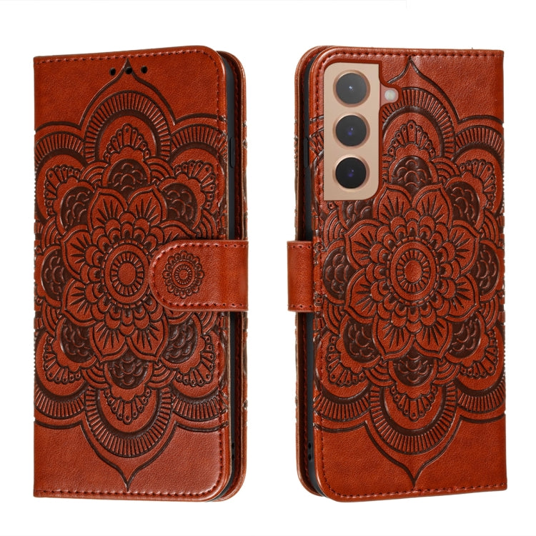 Brown embossed mandala leather phone case with flip cover and card slots