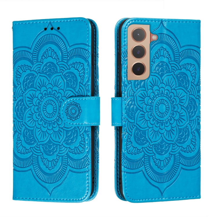 Blue mandala embossed wallet phone case with folio flap and front card-holder panel