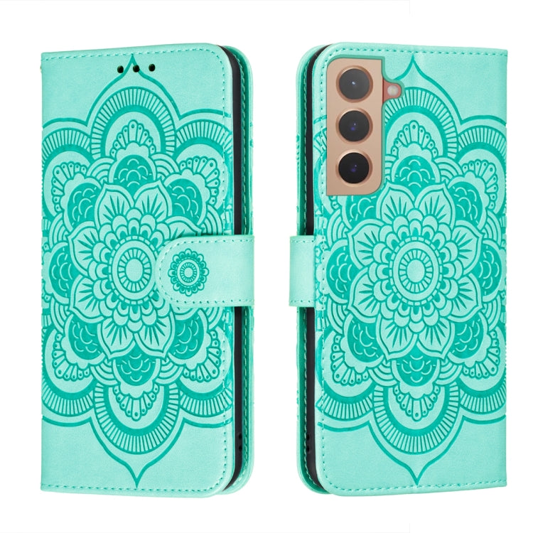Teal embossed mandala wallet phone case with card slots, both front flap and back view