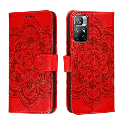 Red embossed mandala leather phone case with magnetic closure and card slots