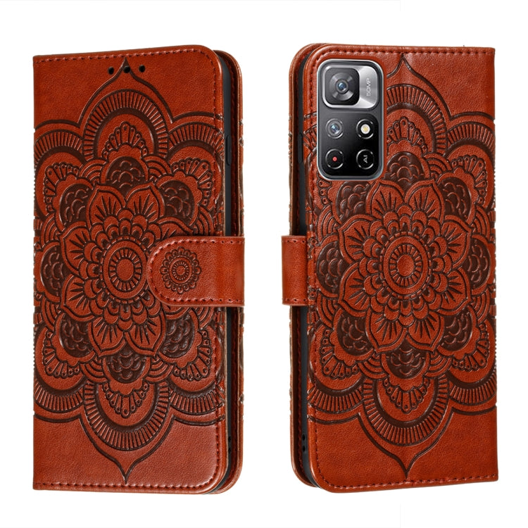 Brown embossed mandala phone leather wallet case with camera cutout and card slots