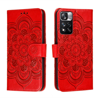 Red embossed mandala phone wallet case with folio flap and magnetic strap