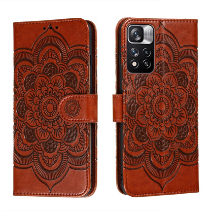 Brown embossed mandala phone leather wallet case with flip cover and card slots