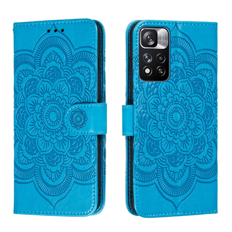 Blue mandala embossed wallet phone case with folio flap and back camera cutout