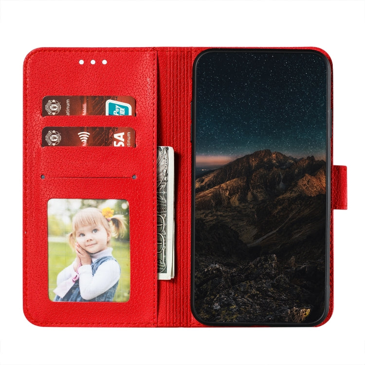 Red leather wallet phone case open to show card slots and photo window