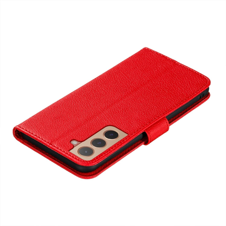 Red leather phone wallet case with camera cutout and flip strap