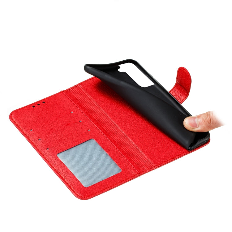 Red leather phone wallet case open, showing card slot and foldable holder