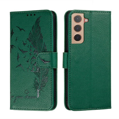 Green feather-pattern leather-look phone wallet case with flap and side holder strap