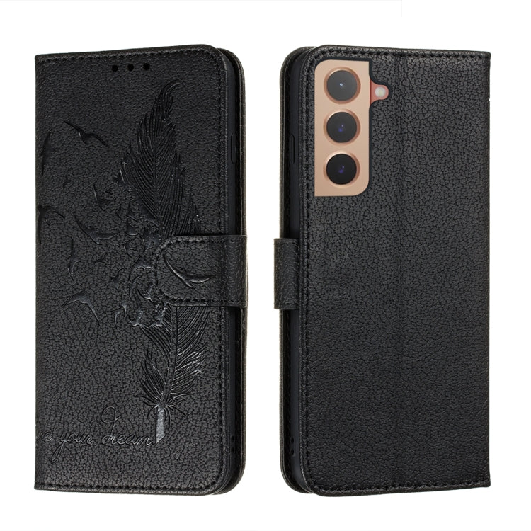 Black feather-pattern leather-look phone wallet case with folio flap and card-style slot