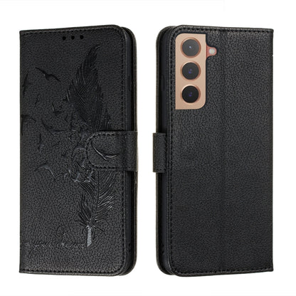 Black feather-pattern leather-look phone wallet case with folio flap and card-style slot
