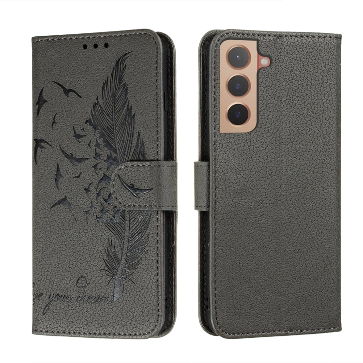 Dark gray feather-pattern leather phone wallet case with flip cover, card slots, camera cutout