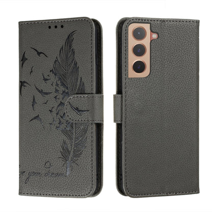Dark gray feather-pattern leather phone wallet case with flip cover, card slots, camera cutout