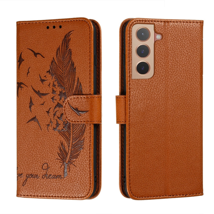 Brown feather-pattern leather phone wallet case with flip cover and card slots