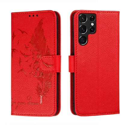 Red feather pattern leather phone wallet case with flip cover and holder