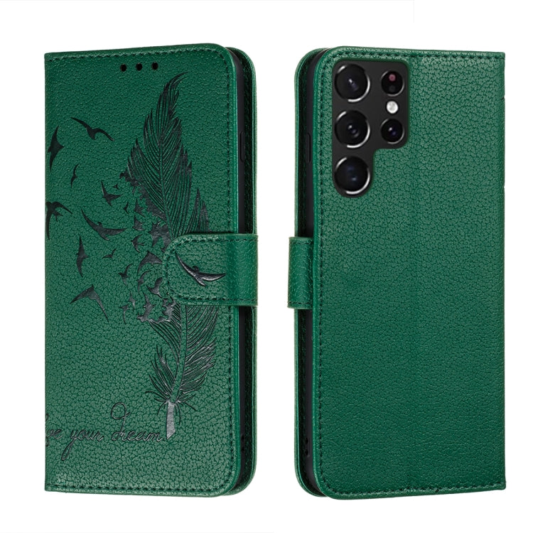 Green feather-pattern leather-look phone wallet case, front and back views shown